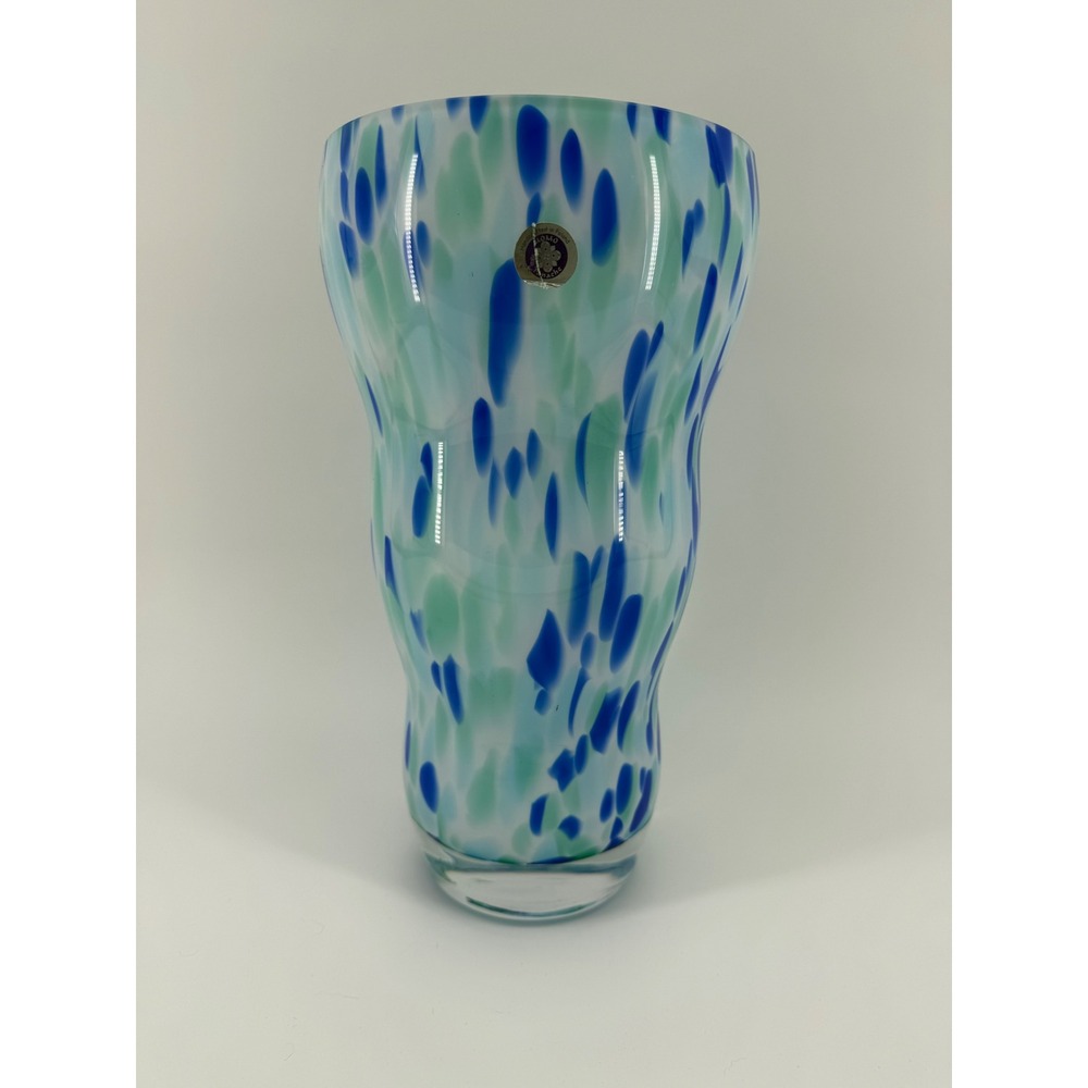 MCM Krosno Poland Glass Vase Blue Green Confetti Splatter Wavy Hand Blown 12.5"